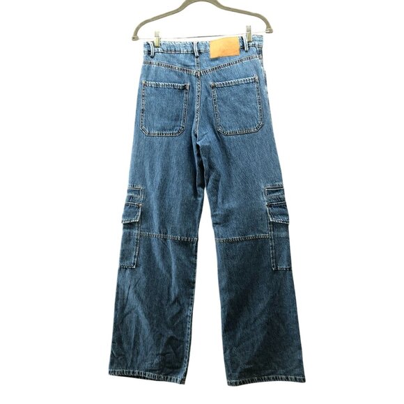 Zara Baggy Cargo Jeans Womens 2 High Rise Soft Drapey Blue Wide Leg Cotton - Picture 2 of 11